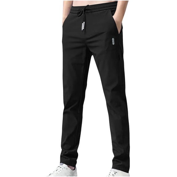 aohooy Quick Dry Pants for Men Trendy Drawstring Elastic Waist Pant Lightweight Active Straight Leg Trousers with Pockets Black,M
