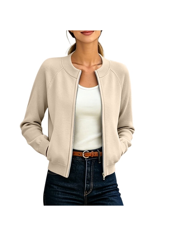 Ribbed Jacket for Womens Zip Up Long Sleeve Cardigan Sweaters Lightweight Sweater Jackets Knit Work Fall Winter Outerwear Beige,M