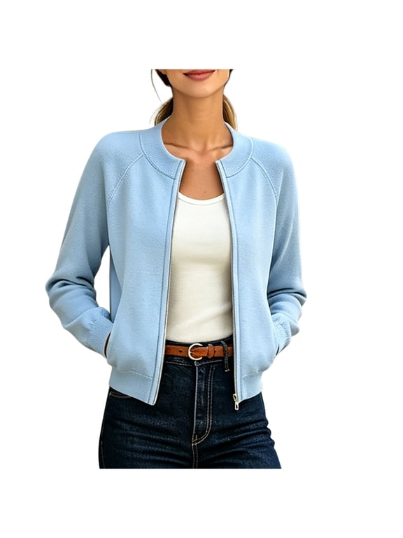 Ribbed Jacket for Womens Zip Up Long Sleeve Cardigan Sweaters Lightweight Sweater Jackets Knit Work Fall Winter Outerwear Light Blue,S