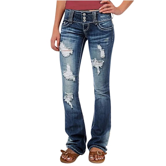 aohooy Ripped Straight Leg Jeans for Women Plus Size Slim Fit Low Rise Bootcut Skinny Stretchy Denim Pants with Pockets Dark Blue,L