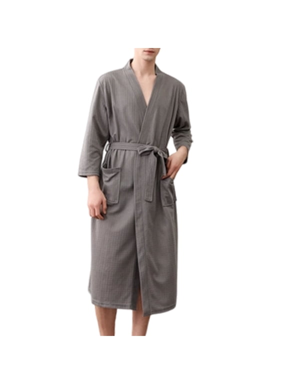 Robe for Men Waffle Big and Tall 3/4 Sleeve Kimono Robe Casual V Neck Loungewear Sleepwear Bathrobe with Belt and Pockets for Spa Resort Home Gray,XXXL