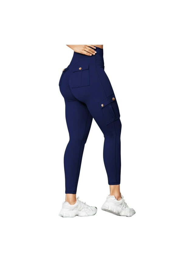 Running Leggings for Women Hidden Scrunch Butt Lifting High Waisted Cargo Legging Gym Workout Yoga Pants with Pocket Dark Blue,M
