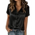 thumbnail image 1 of aohooy Satin Blouses for Women Silk Button Down Shirts Short Sleeve Business Casual Tops with Pocket Collared Dressy Work Shirt Black,XXL, 1 of 7