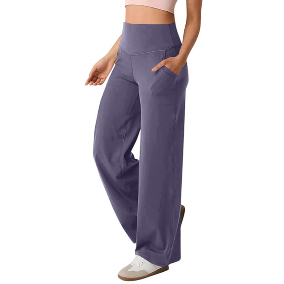 aohooy Scrub Pants for Women Flex Wide Straight Leg High Waisted Workout Sweatpant Tummy Control Stretchy Bootcut Solid Pull On Pant Purple,L
