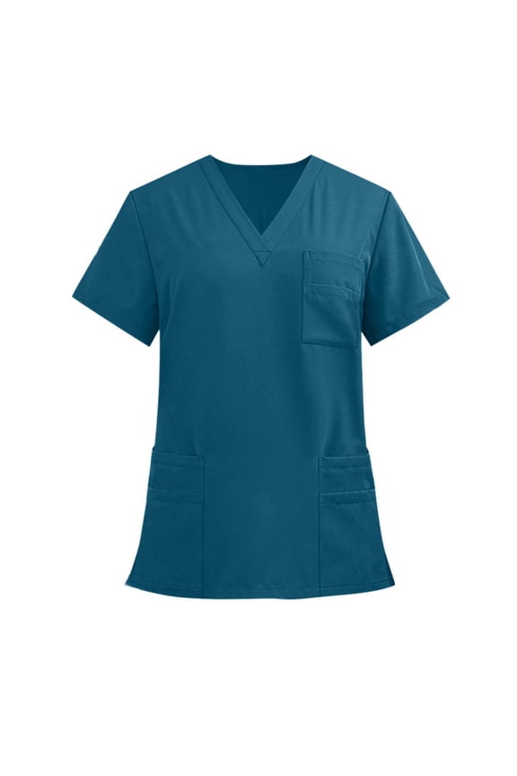 Scrub T Shirts Women V-Neck Short Sleeve Wrap Tees with Multi Pocket Unisex Workwear Nurse Uniforms Navy,XXL