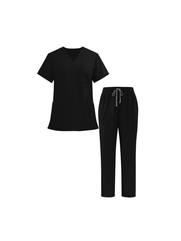 Scrubs Sets for Women Petite 2026 Unisex Jogger Nursing Uniform Stretchy V-Neck Top & Drawstring Cargo Pants with Multi Pocket Black,XS