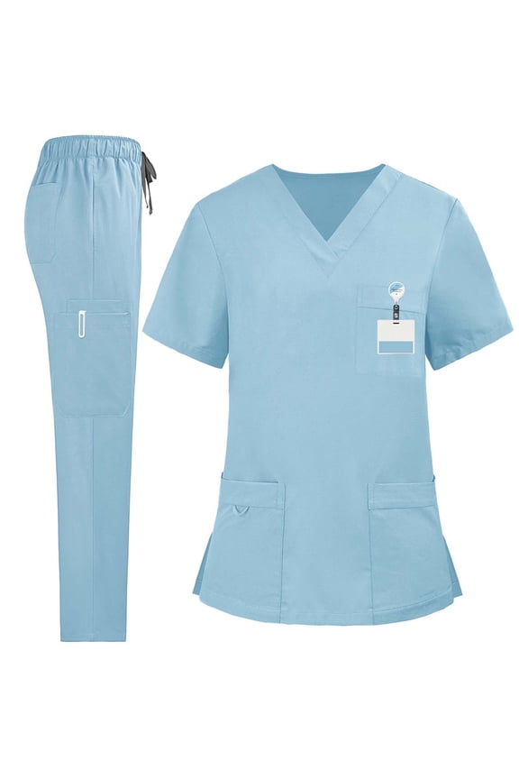 Scrubs for Women Plus Size Sets Stretch V-neck Nursing Uniforms with Multiple Pockets Elasticized Waist Outfits Light Blue,XXL