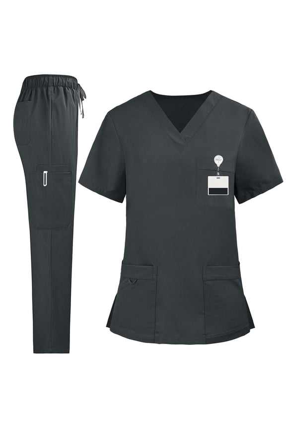 Scrubs for Women Set Classic Solid Color Sets Stretch V-neck Nursing Uniforms with Multiple Pockets Elasticized Waist Outfits Gray,L