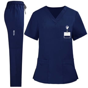 aohooy Scrubs for Women Set Long Sleeve Stretch V-neck Nursing Uniforms with Multiple Pockets Elasticized Waist Outfits Navy,M