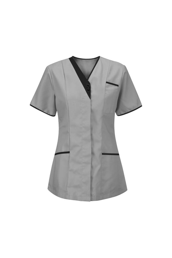 Scrubs for Women Tops Stretchy Workwear Uniform Shirts V-Neck Short Sleeve Fun T-Shirt Tee with Multi Pockets Gray,XXL