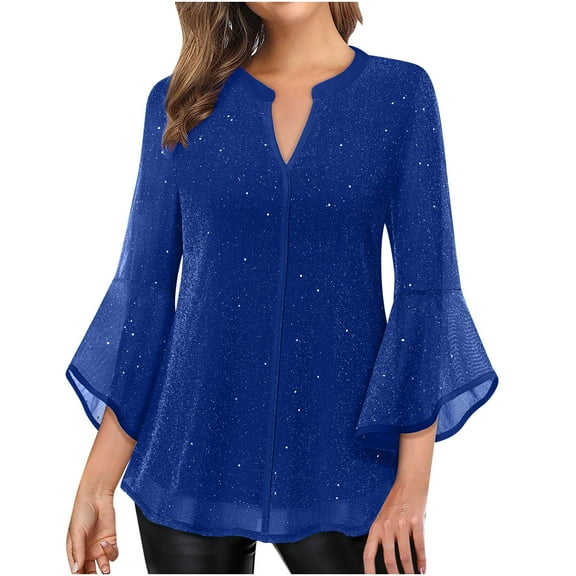 aohooy Sequin Tops for Women Ruffle 3/4 Sleeve Elegant Dressy Blouses V Neck Double Layers Mesh Tunic Top Holiday Party Shirt 2025 Blue,XL