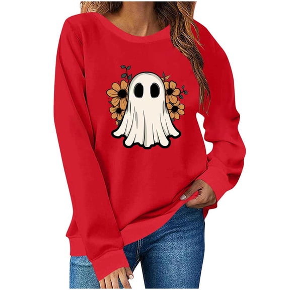 aohooy Shirts for Halloween Women Cute Funny Ghost Pumpkin Graphic Long Sleeve Shirt Fall Spooky Pullover Sweatshirts Tops Red,M