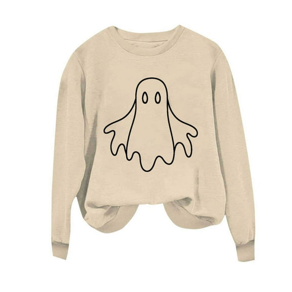 aohooy Shirts for Halloween Women Halloween Sweatshirts Cute Ghost Graphic Crewneck Sweatshirt Oversized Long Sleeve Pullover Tops 2025 Khaki,M