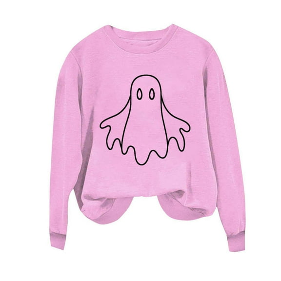 aohooy Shirts for Halloween Women Halloween Sweatshirts Cute Ghost Graphic Crewneck Sweatshirt Oversized Long Sleeve Pullover Tops 2025 Pink,XL