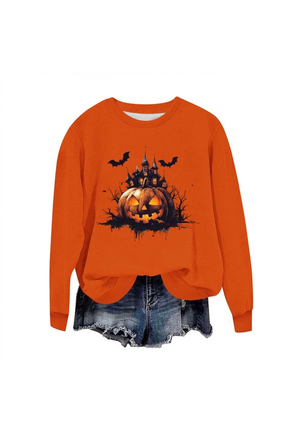 Shirts for Halloween Women Sweatshirts for Women Ghost Print Long Sleeve Crewneck Pullover Loose Fit Cute Graphic Tee Shirt Orange,XXL