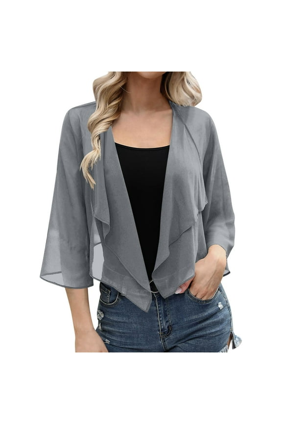 Short Sleeve Kimono Cardigans for Women Sheer 3/4 Sleeve Shrugs Tops Casual Open Front Chiffon Bolero Jackets Gray,L