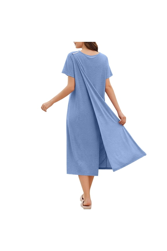 Short Sleeve Round Neck Open Back Hospital Gown Women Post Surgery Adaptive Nightgown with Snaps Blue,XXL