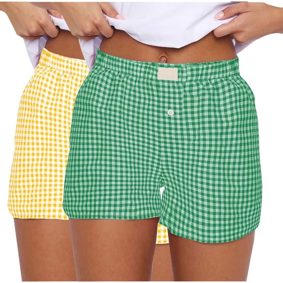 aohooy Short Women 2 Pack Plaid Lounge Gingham Shorts Elastic Waist Loose Fit Sleepwear Pajama Boxer Short Pants Mint Green,M