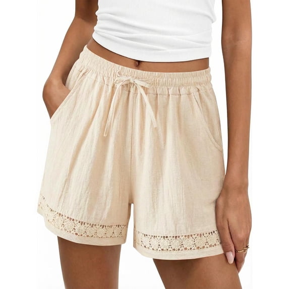 aohooy Shorts for Women Summer Linen Shorts Elastic Waist Drawstring Casual Crochet Lace Hem Beach Vacation Shorts with Pockets Beige,L