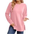 thumbnail image 1 of aohooy Side Split Tunic Sweatshirt for Women Drop Long Sleeve Sweatshirts Spring Ribbed Knit Casual Crewneck Pullover Tops Shirts Pink,L, 1 of 6