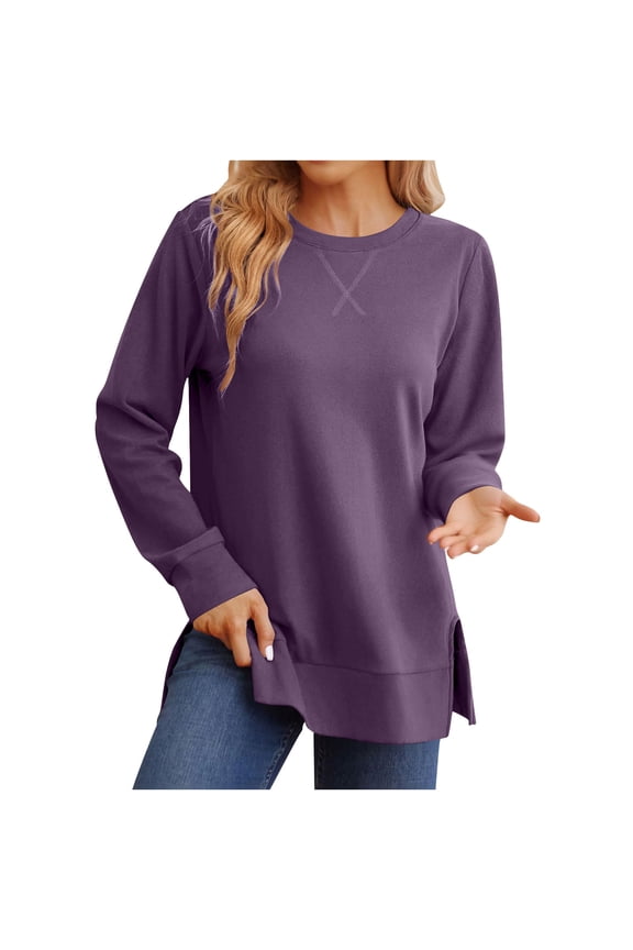 Side Split Tunic Sweatshirt for Women Drop Long Sleeve Sweatshirts Spring Ribbed Knit Casual Crewneck Pullover Tops Shirts Purple,XXL