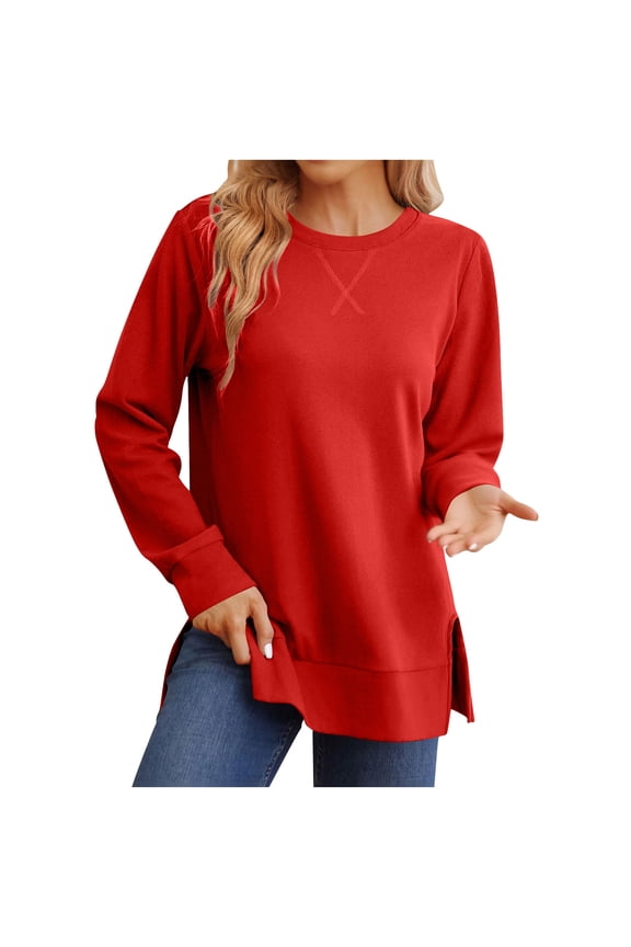 Side Split Tunic Sweatshirt for Women Drop Long Sleeve Sweatshirts Spring Ribbed Knit Casual Crewneck Pullover Tops Shirts Red,S