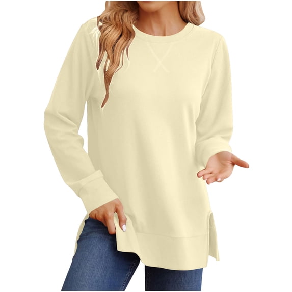 aohooy Side Split Tunic Sweatshirt for Women Drop Long Sleeve Sweatshirts Spring Ribbed Knit Casual Crewneck Pullover Tops Shirts Yellow,L