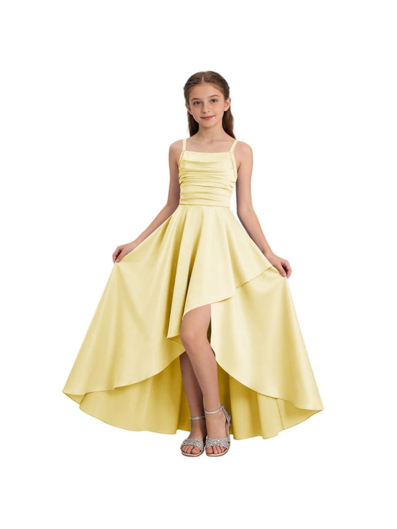 Silk Satin Junior Bridesmaid Dress for Wedding Spaghetti Strap Sleeveless A-Line Girls Flower Girl Dress Special Occasions Yellow,9-11 Years