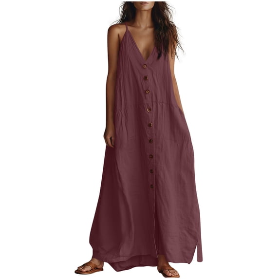 aohooy Spaghetti Strap Maxi Dresses for Women Linen Side Split Button Down Long Dress Summer Loose Beach Cover Ups with Pockets Wine,L