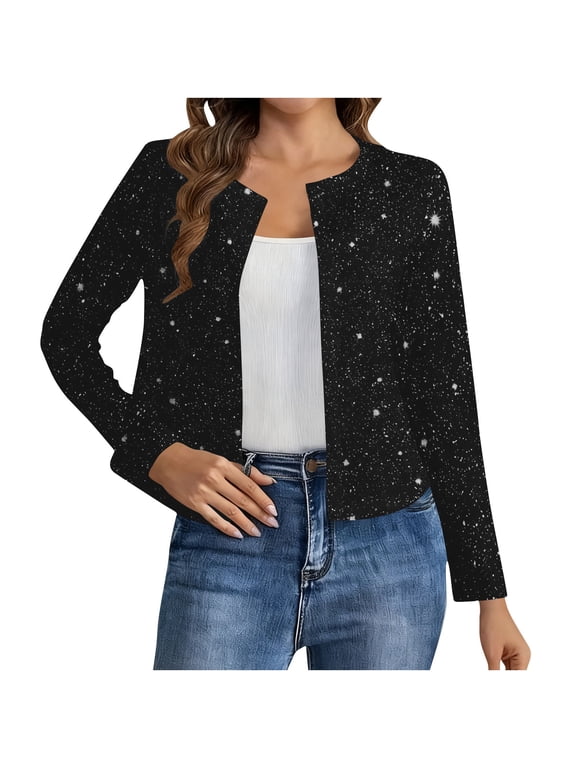 Sparkly Sequin Jacket for Women Elegant Long Sleeve Open Front Jackets Casual Cropped Holiday Party Blazer Cardigan Coat Black,XXL