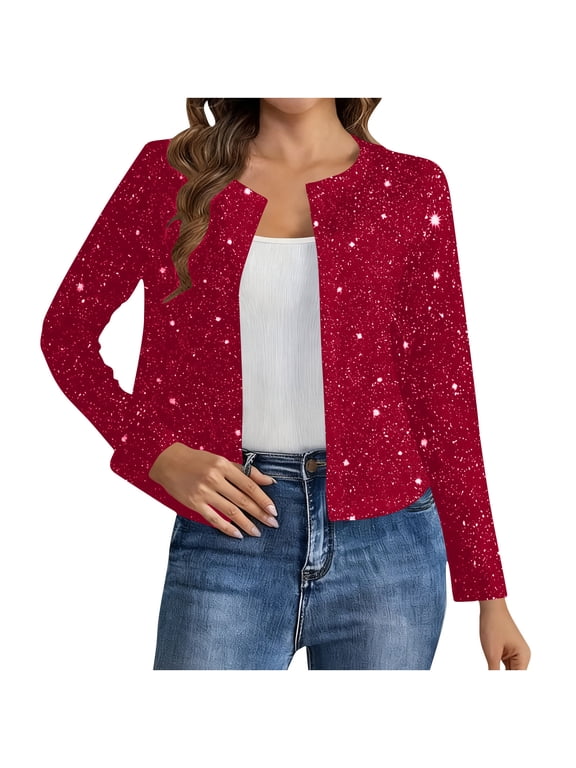 Sparkly Sequin Jacket for Women Elegant Long Sleeve Open Front Jackets Casual Cropped Holiday Party Blazer Cardigan Coat Wine,S
