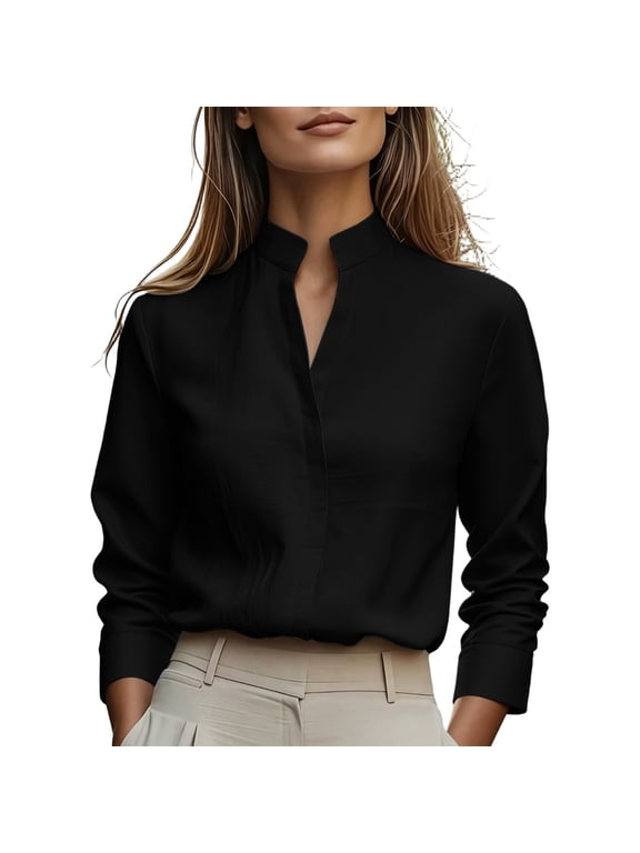 Stand Collar V Neck T Shirts for Women Long Sleeve Fall Office Ladies Shirt Dressy Business Casual Crop Work Tops Blouse Black,XL