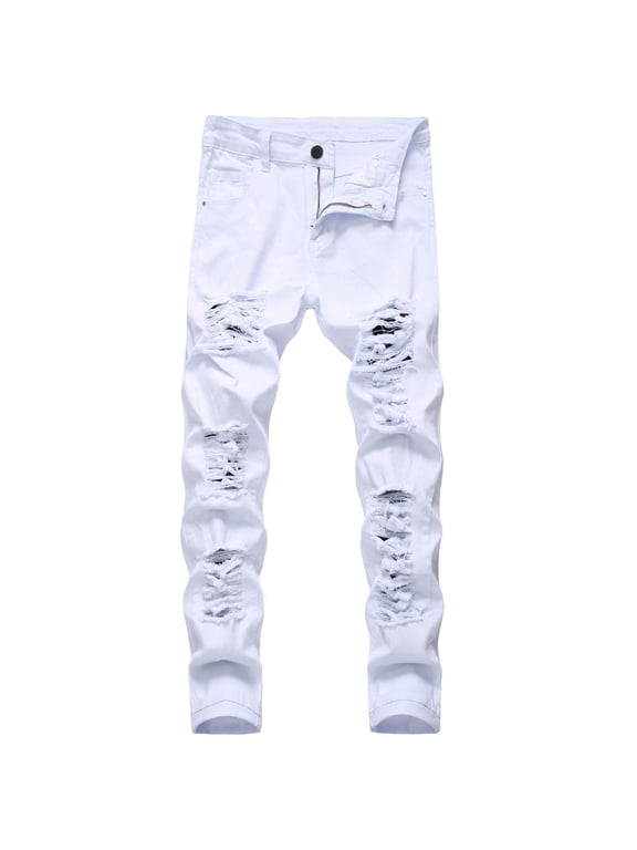 Stretch Jeans for Men Straight Leg Fashion Ripped Skinny Slim Fit Hip Hop Distressed Destroyed Denim Pant White,XXL