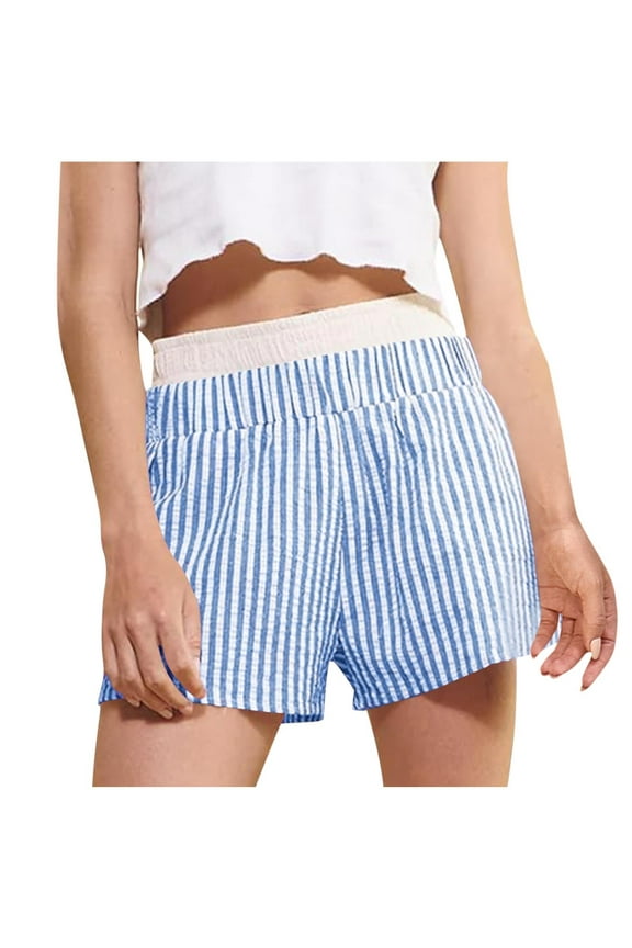 Stretch Shorts Women Plus Size Striped Elastic Waist Boxer Shorts Summer Trendy Casual Lounge Sleep Pajama Bottoms Beach Short Pants Light Blue,XXL