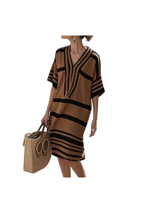 Striped Midi Linen Dress for Women 3/4 Sleeve Boho Summer V-Neck Vacation Caftan Cover Up Coffee,S