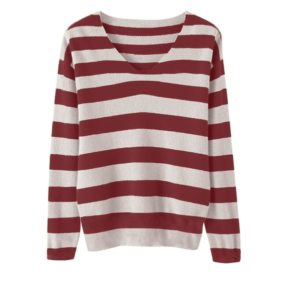 aohooy Striped Womens Sweater V Neck Knit Cotton Pullover Sweaters Loose Fit Lightweight Casual Long Sleeve Soft Jumper Top Red,L