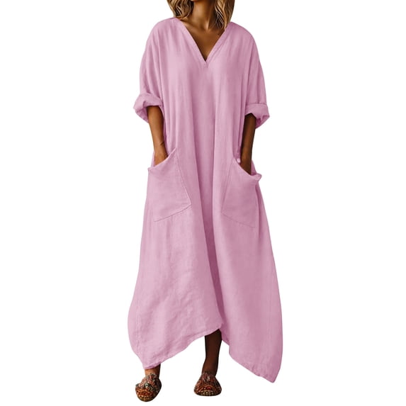 aohooy Summer 3/4 Sleeve Linen Maxi Dress Women Asymmetric Hem V Neck Loose Dresses with Pockets Pink,M