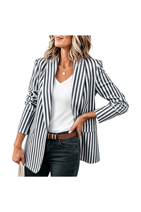 Summer Blazers for Women Lightweight Striped Suit Jacket Open Front Dressy Business Casual Work Office Blazer Jackets 2026 Gray,S