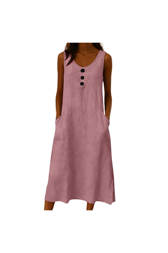 Summer Dress for Women 2026 Sleeveless Cotton Maxi Tunic Dresses Flowy Swing Casual Vacation Tank Sundress with Pockets Pink,XXL