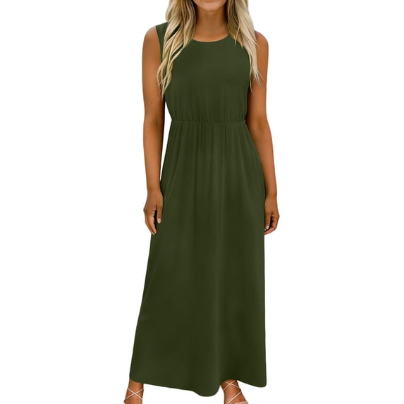 aohooy Summer Dresses for Women 2026 Maxi Tank Dresses Crew Neck Empire Waist Long Flowy Pleated A Line Sleeveless Sundresses Army Green,L