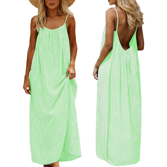 aohooy Summer Dresses for Women 2026 Striped Backless Spaghetti Strap Cami Sundress Vacation Beach with Back Tie Mint Green,M