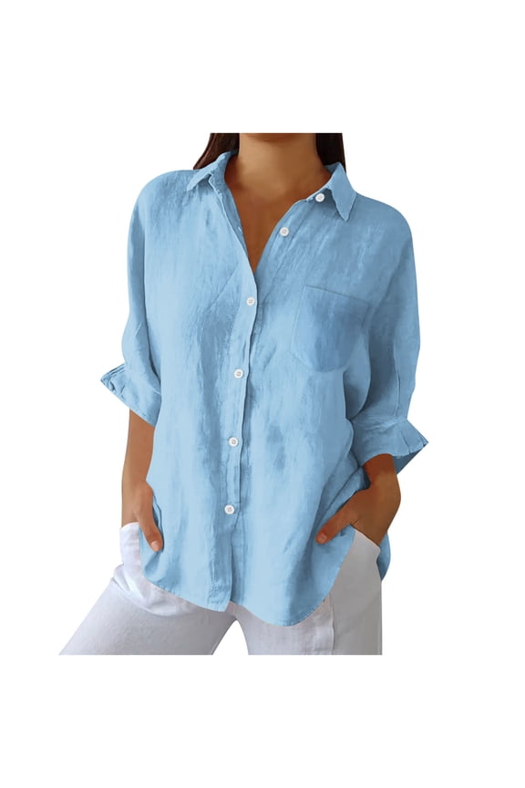 Summer Linen Button Down Shirt Women Long Sleeve Collared Gauze Blouse Loose Fit Spring Work Shirts Vacation Tunic Tops Light Blue,XL