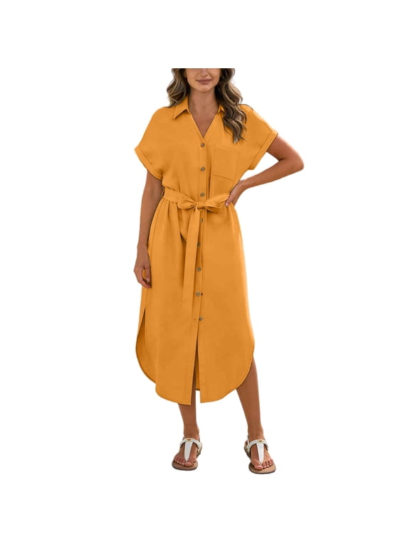 Summer Maxi Dresses for Women Short Sleeve Button Down Collared Sundress Tie Waist Flowy Casual Loose Dress with Pockets Orange,M