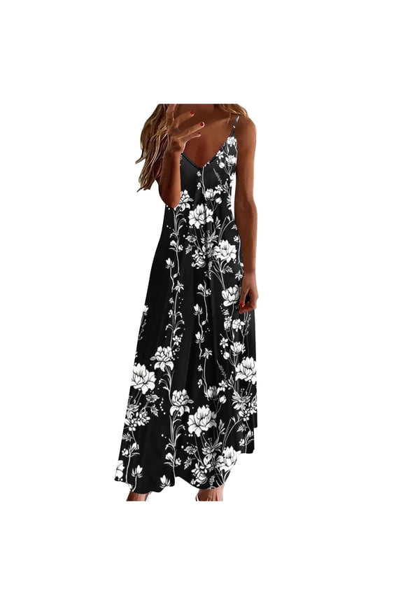 Summer Sundress for Women 2026 Floral Boho Spring Maxi Dress Plus Size Spaghetti Strap Beach Vacation Dresses Cruise Resort Multicolor,S