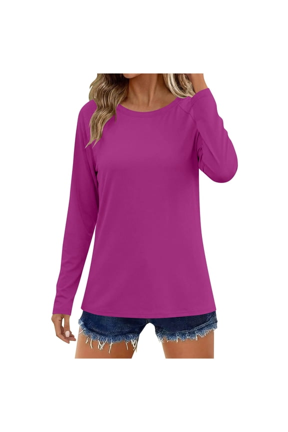 Sun Blocking Shirts for Women Summer Stretchy Long Sleeve Crewneck Sunblock Pullover Shirt Solid Color Lightweight Quick Dry Workout Athletic Outdoor Tops Hot Pink,XL