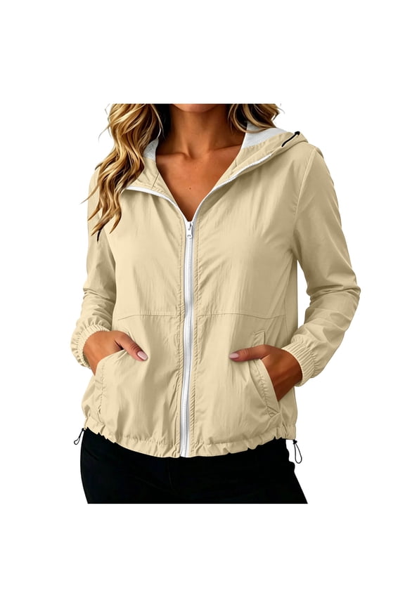 Sun Protection Lightweight Jacket Women Drawstring Hem Outdoor Running Thin Windbreaker Full-Zip Hooded Breathable Top 2026 Khaki,S