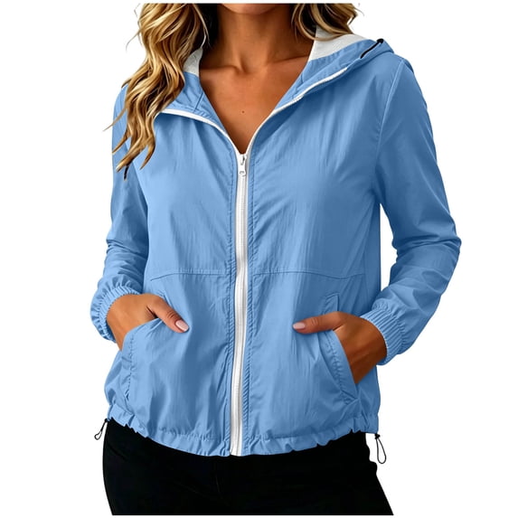 aohooy Sun Protection Lightweight Jacket Women Drawstring Hem Outdoor Running Thin Windbreaker Full-Zip Hooded Breathable Top 2026 Light Blue,XXL