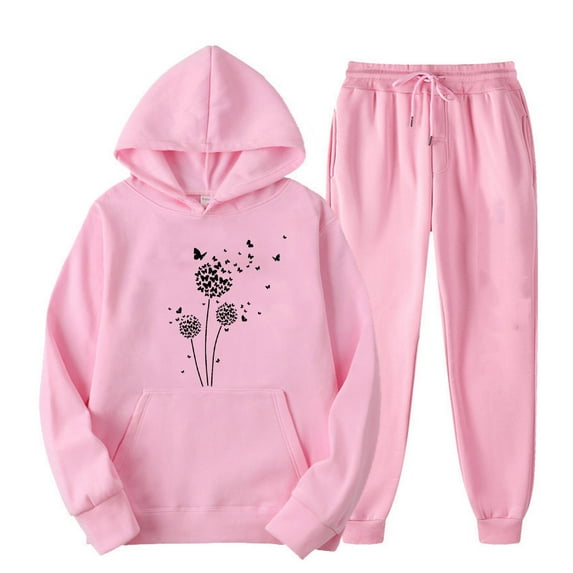 aohooy Sweat Pants and Hoodie Set Women,2 Pc Sweatsuit Set for Women Cute Printed Oversized Pullover Hoodie Sweatshirt Matching Sweatpants Tracksuit 2024 Pink,L