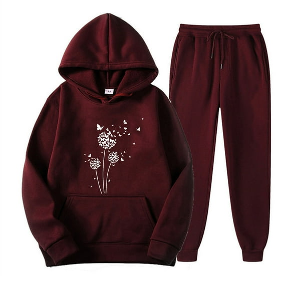 aohooy Sweat Pants and Hoodie Set Women,2 Pc Sweatsuit Set for Women Cute Printed Oversized Pullover Hoodie Sweatshirt Matching Sweatpants Tracksuit 2024 Wine,XXL