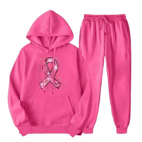 aohooy Sweat Suit for Women 2 Piece Set Hoodie,Womens Sweatsuits 2 Piece Outfits Pink Ribbon Breast Cancer Graphic Hoodies Sweatshirt Jogger Sweatpant Comfy Lounge Set Tracksuit Hot Pink,M
